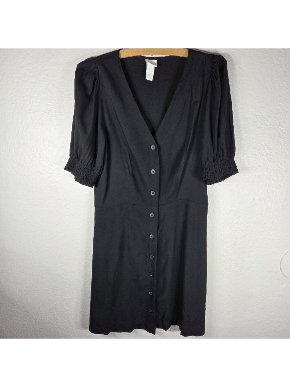 H&M Black Midi Shirt Dress Button Front Size S Short Sleeves V-Neck 100%Viscose